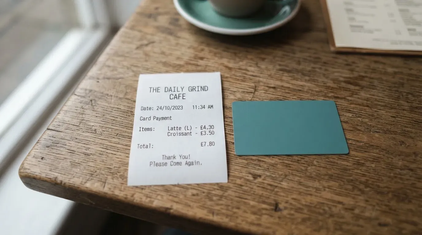 A receipt and a card on a café table