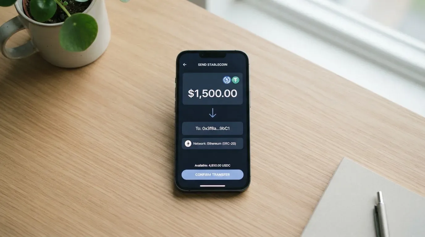 A phone showing a stablecoin transfer screen