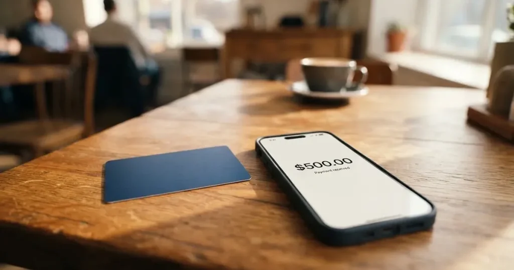 A payment card next to a phone with a crypto wallet app open