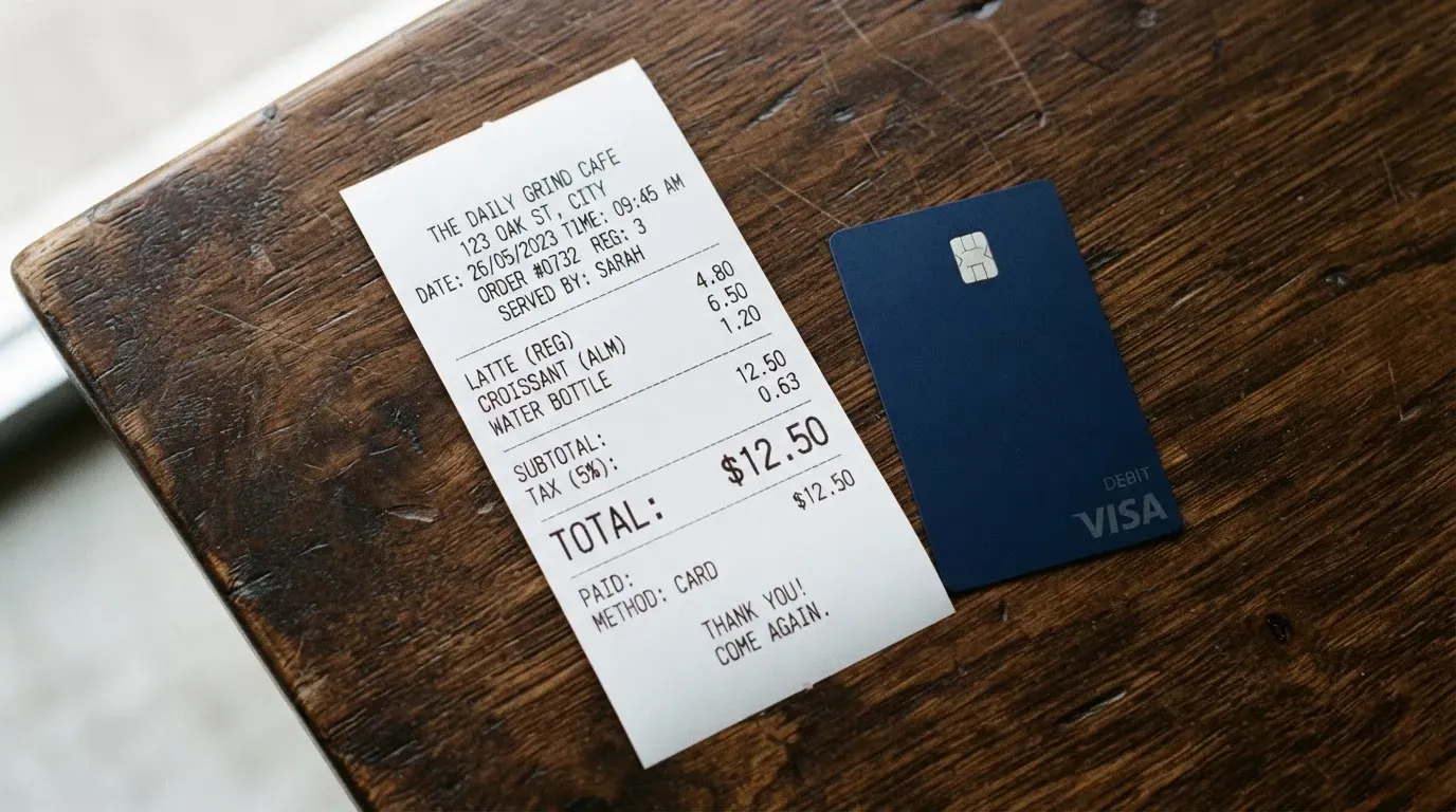 A receipt and a card on a café table