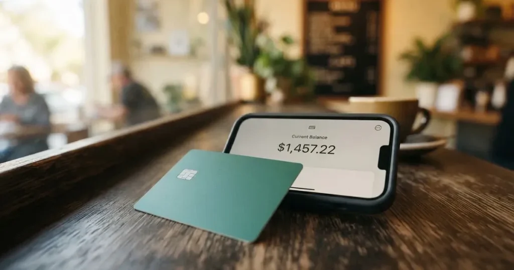 A payment card next to a phone with a crypto wallet app open