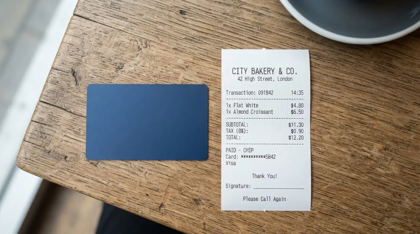 A receipt and a card on a café table