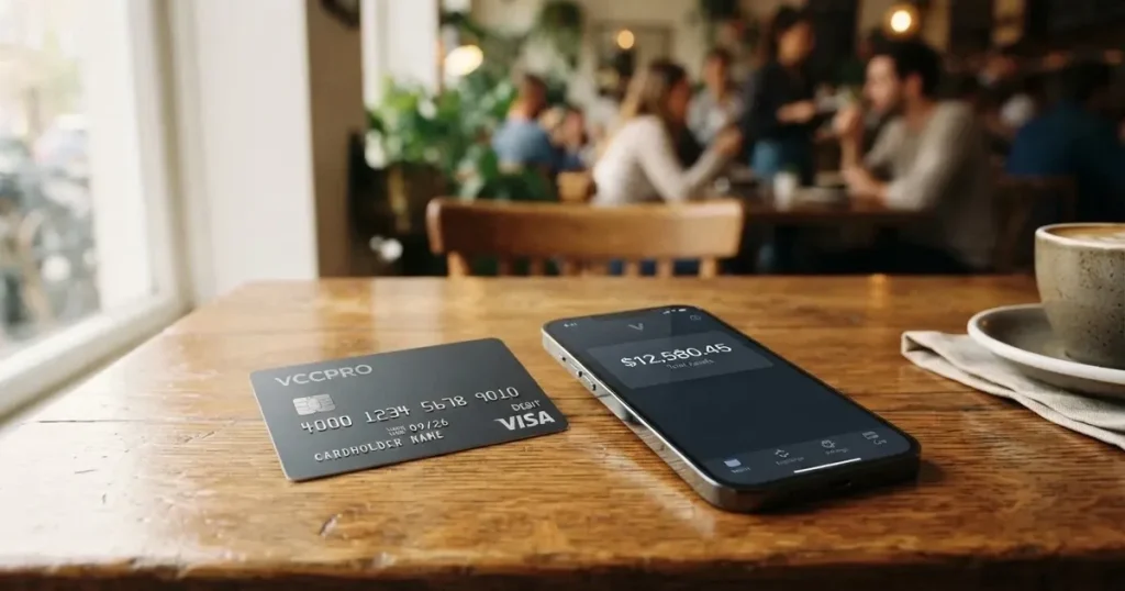 A payment card next to a phone with a crypto wallet app open