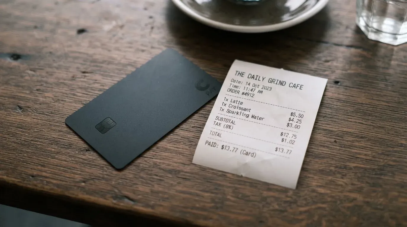 A receipt and a card on a café table