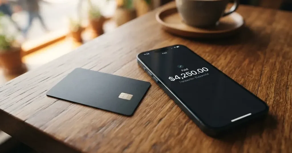 A payment card next to a phone with a crypto wallet app open