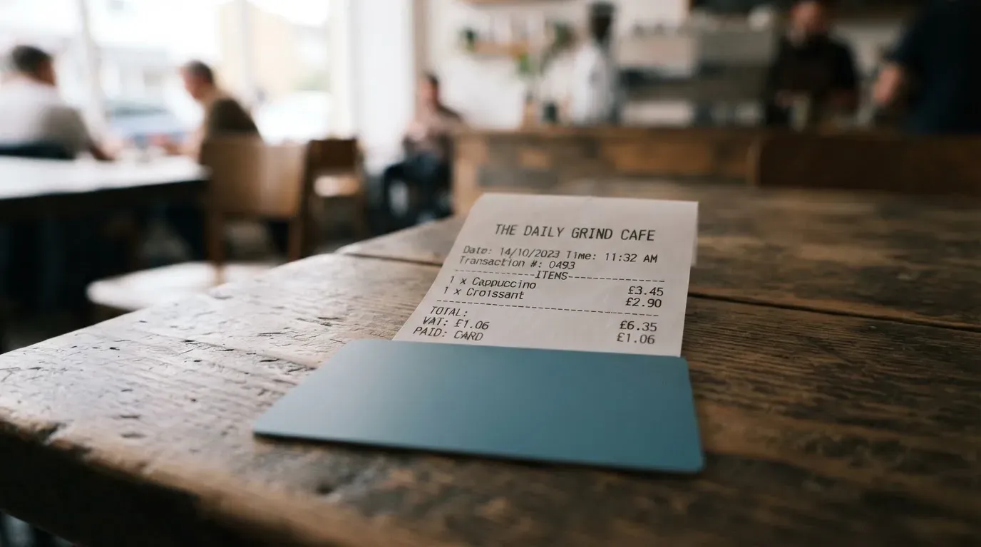 A receipt and a card on a café table