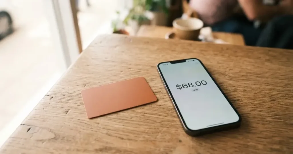 A payment card next to a phone with a crypto wallet app open