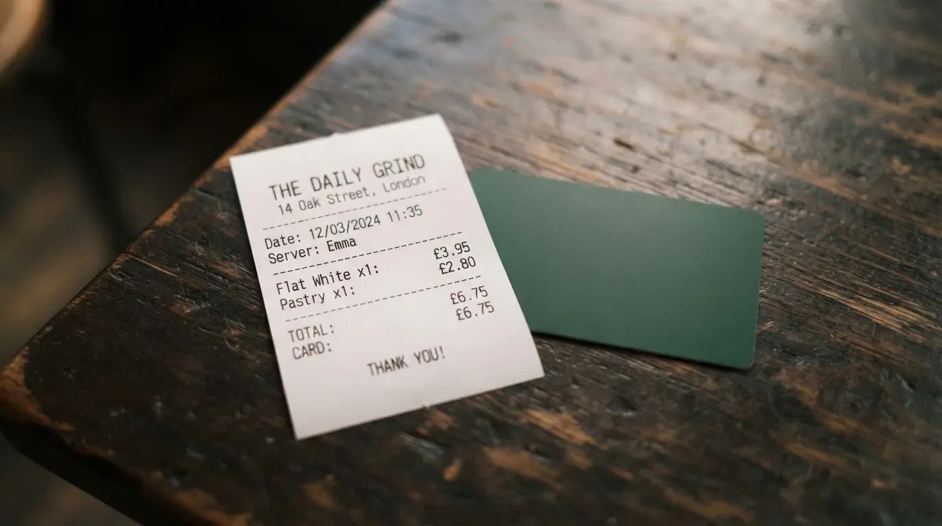 A receipt and a card on a café table