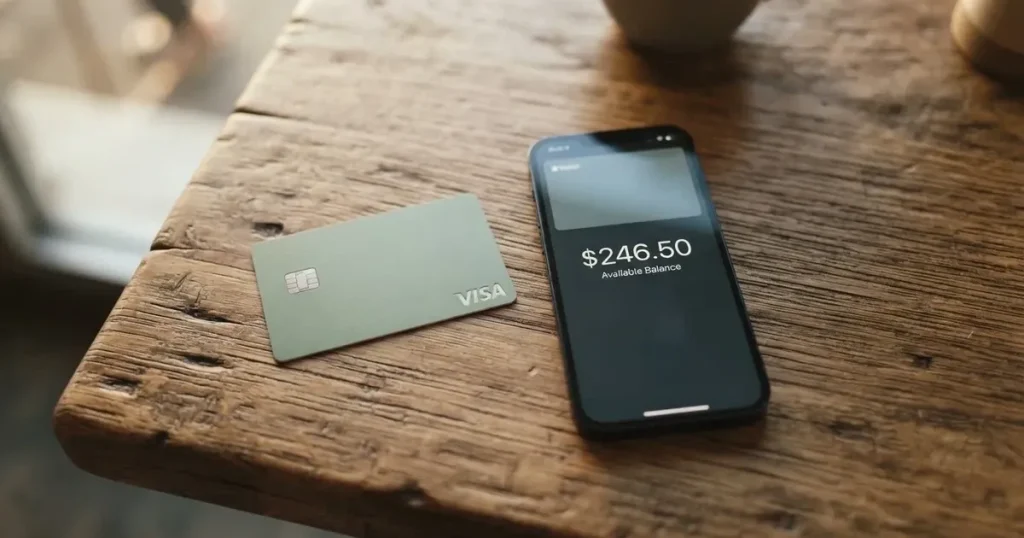 A payment card next to a phone with a crypto wallet app open