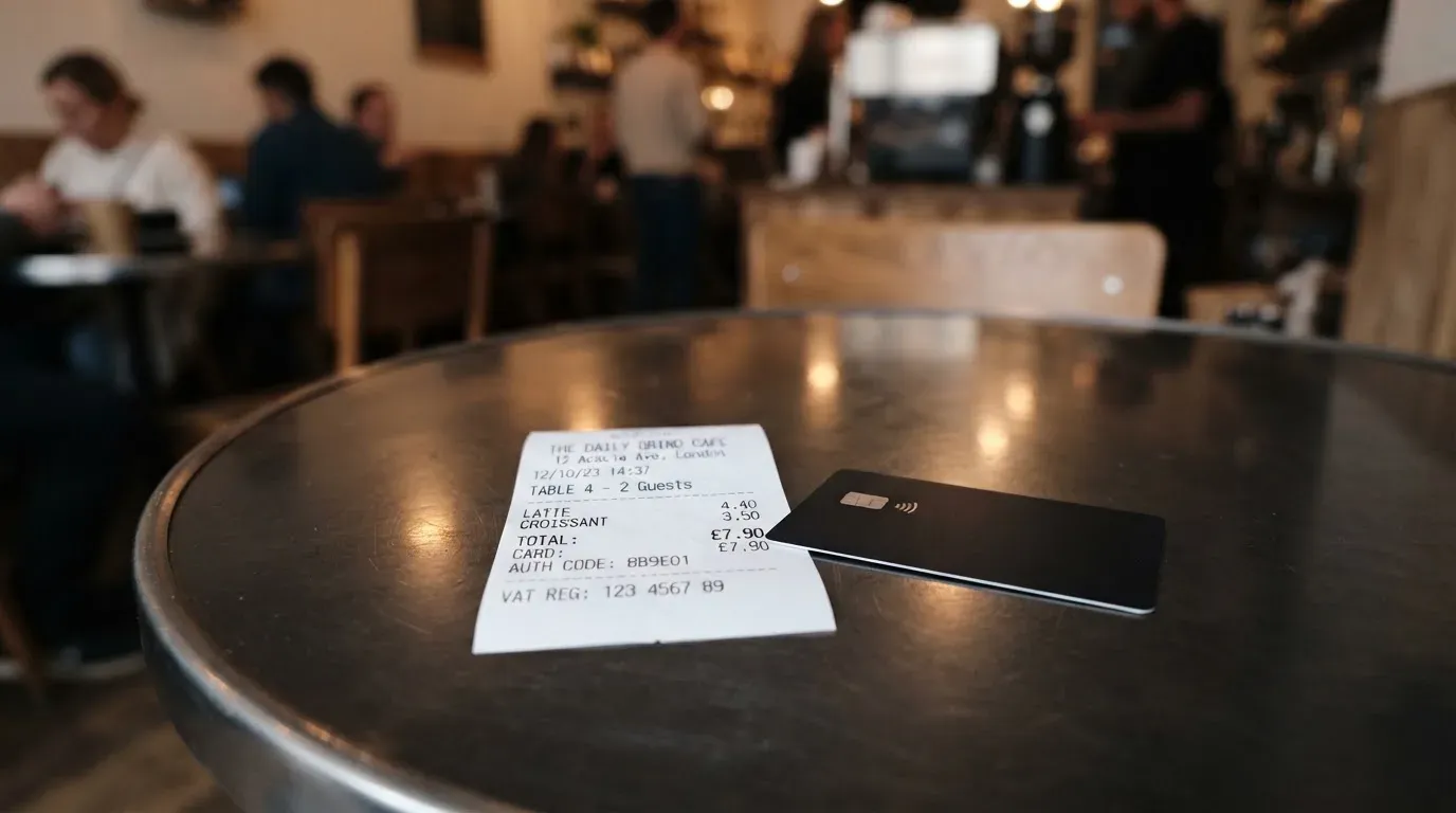 A receipt and a card on a café table