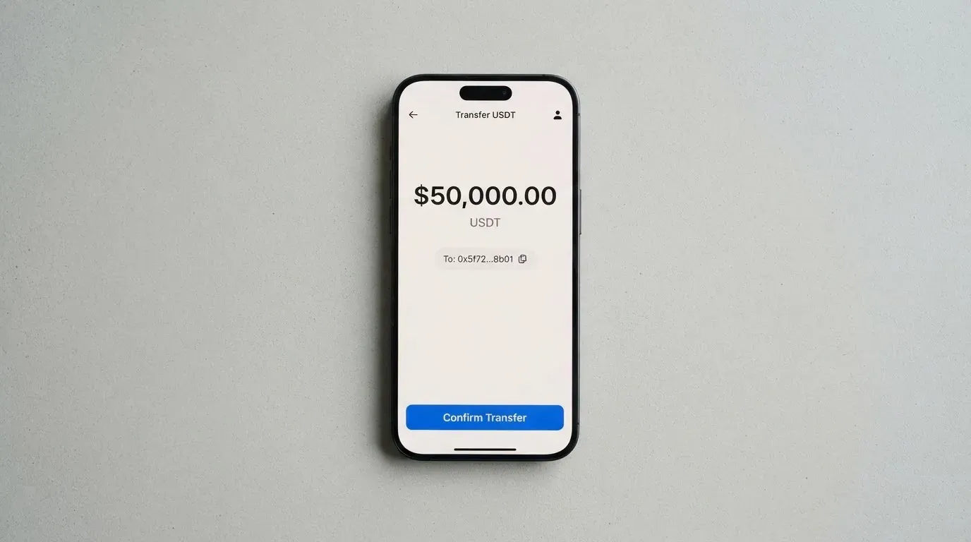 A phone showing a stablecoin transfer screen