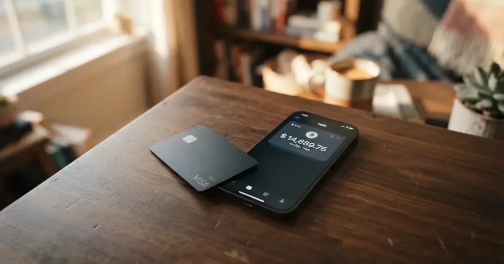 A payment card next to a phone with a crypto wallet app open