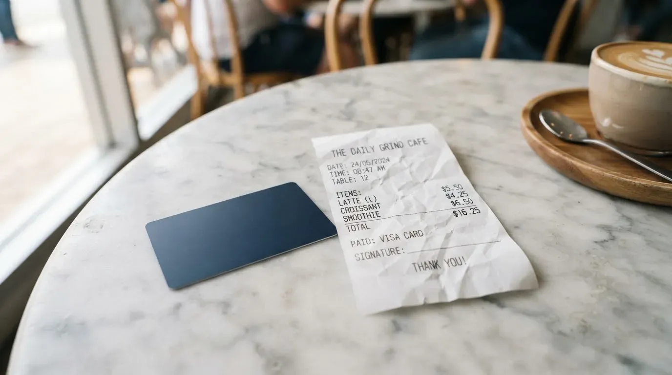A receipt and a card on a café table