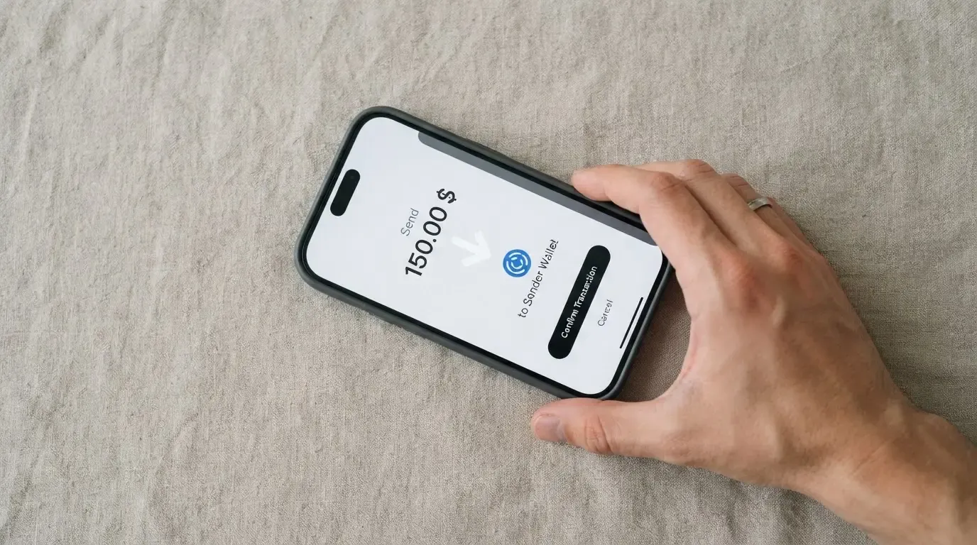 A phone showing a stablecoin transfer screen