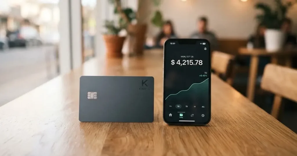 A payment card next to a phone with a crypto wallet app open
