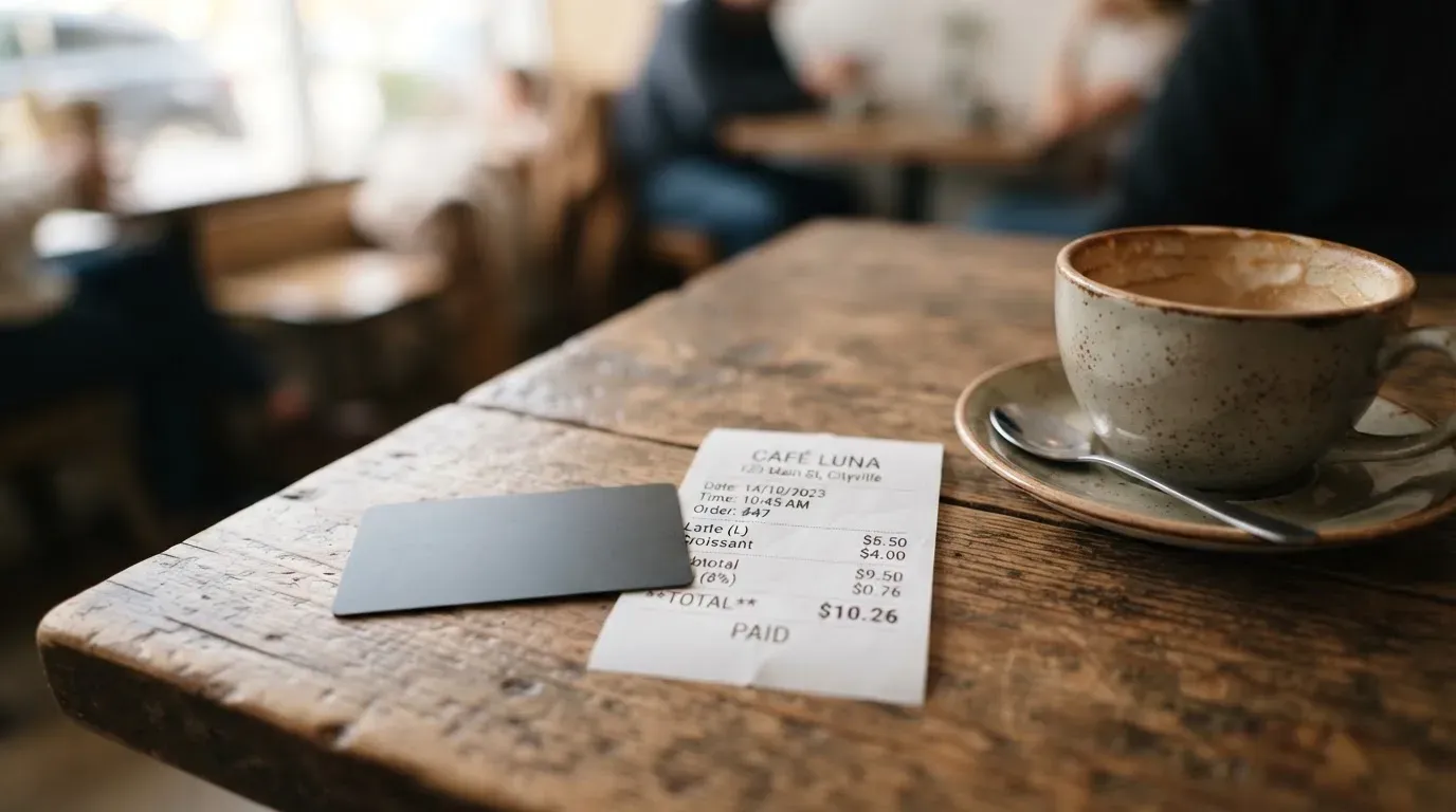 A receipt and a card on a café table