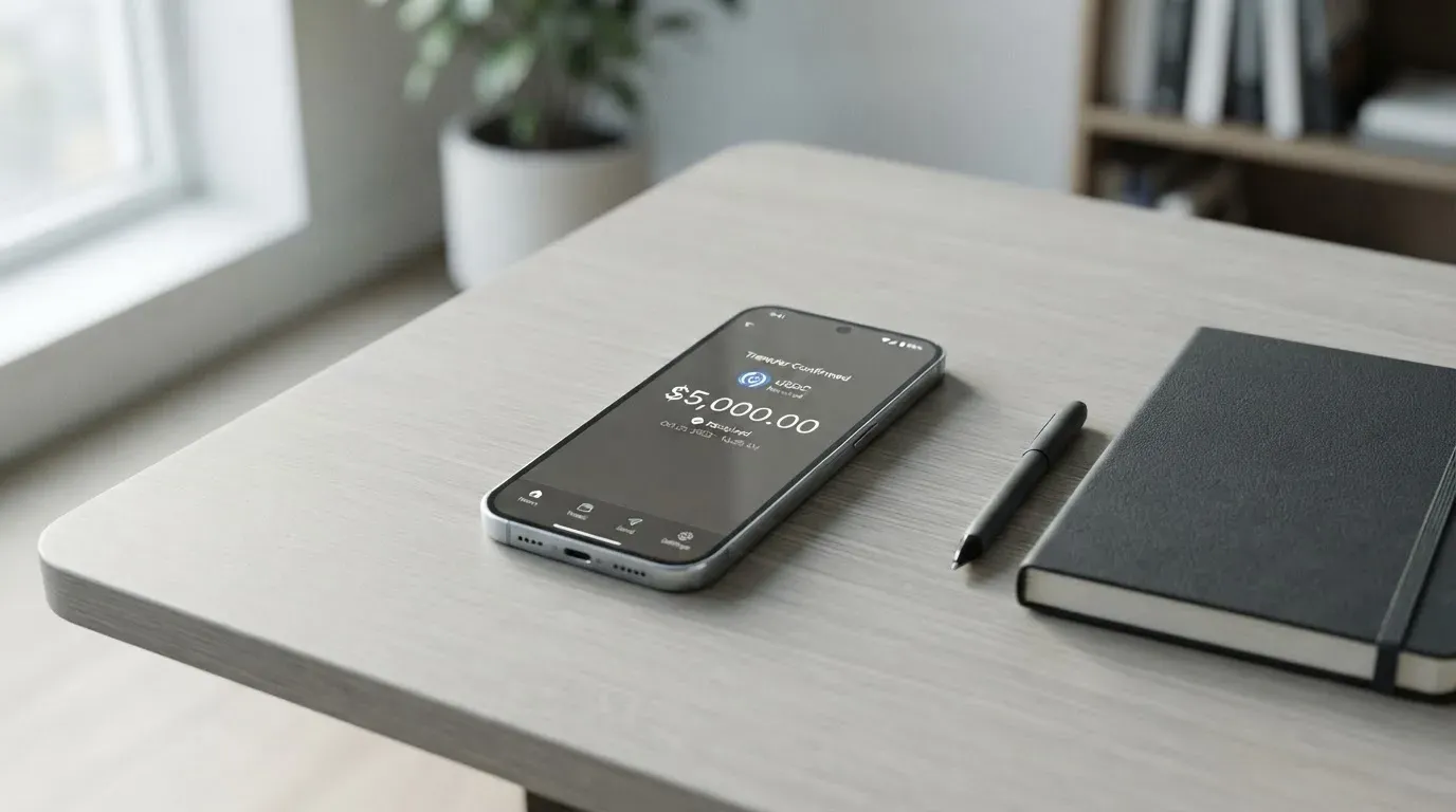 A phone showing a stablecoin transfer screen