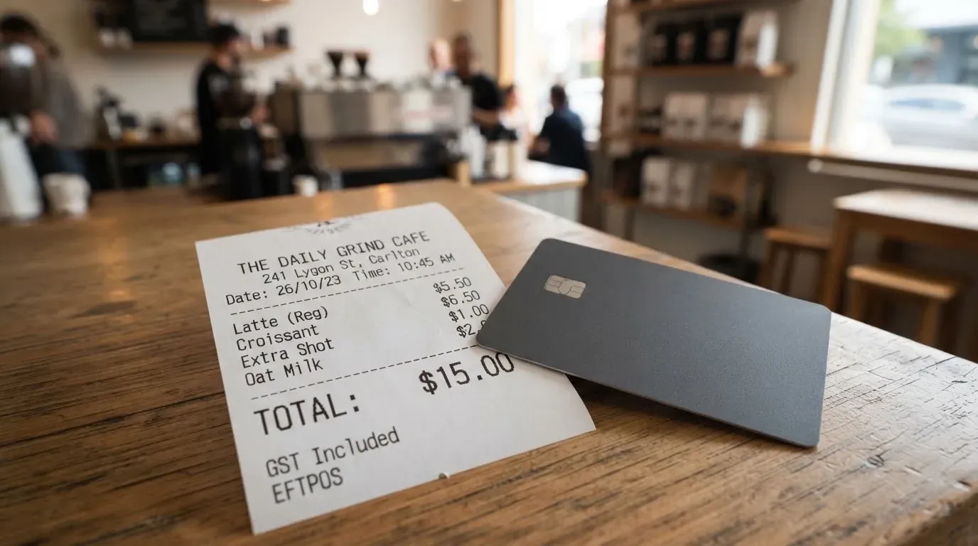A receipt and a card on a café table
