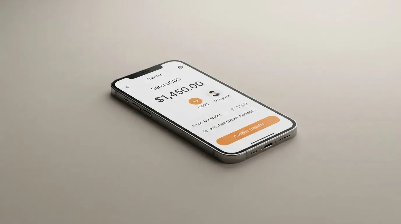 A phone showing a stablecoin transfer screen