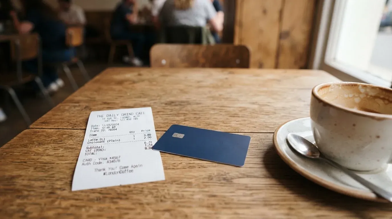 A receipt and a card on a café table