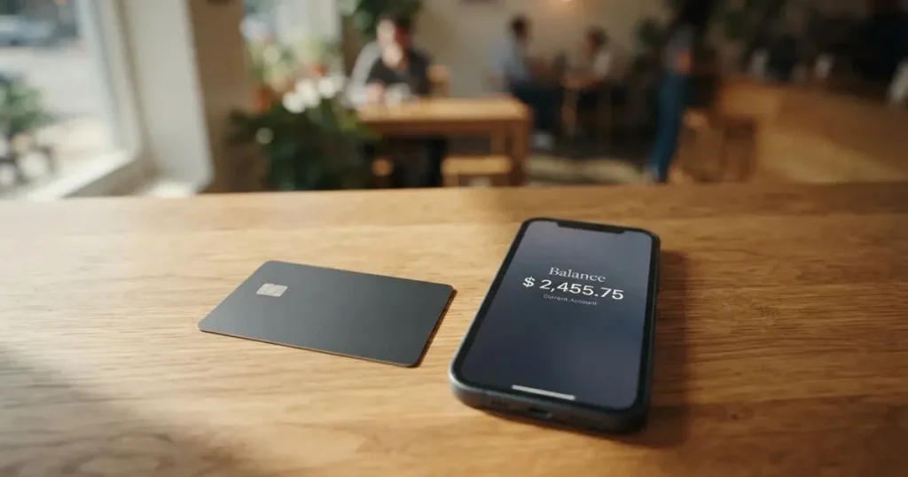 A payment card next to a phone with a crypto wallet app open