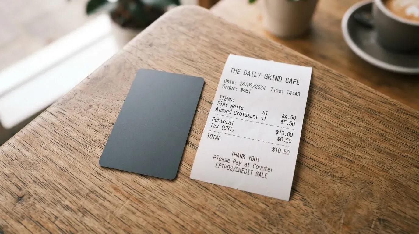 A receipt and a card on a café table