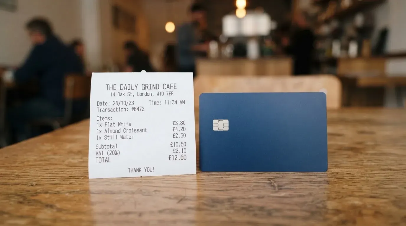 A receipt and a card on a café table