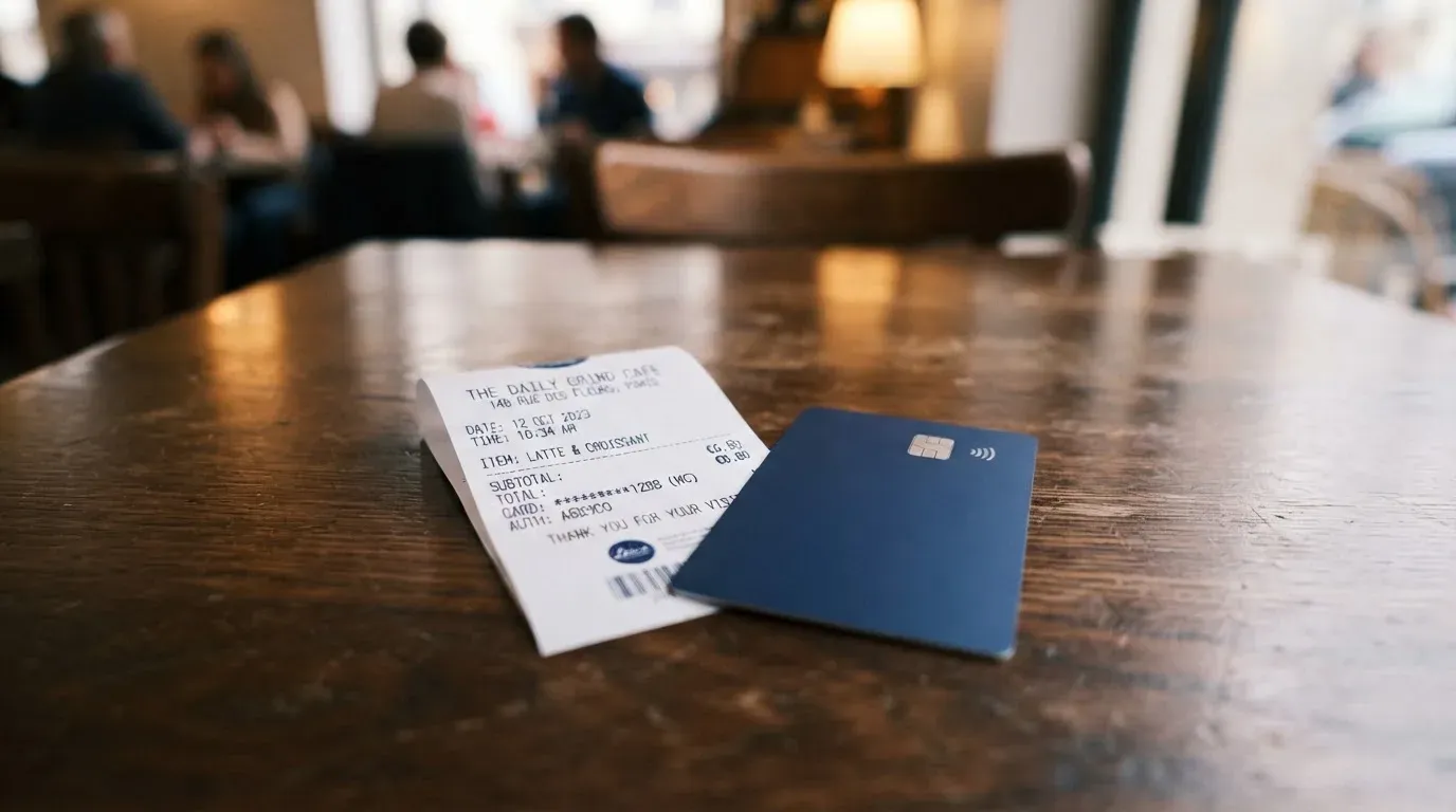 A receipt and a card on a café table