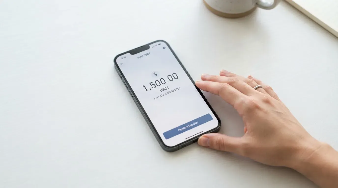 A phone showing a stablecoin transfer screen