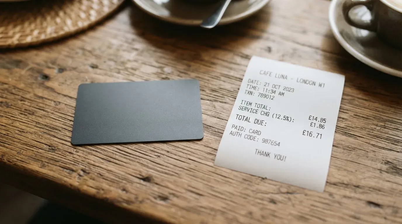 A receipt and a card on a café table