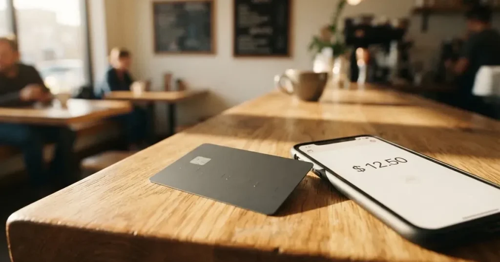 A payment card next to a phone with a crypto wallet app open