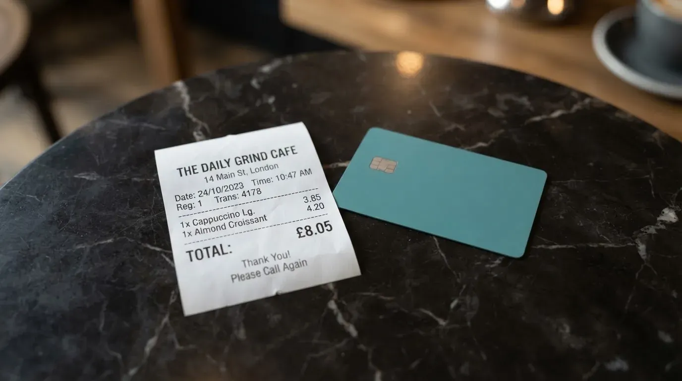 A receipt and a card on a café table