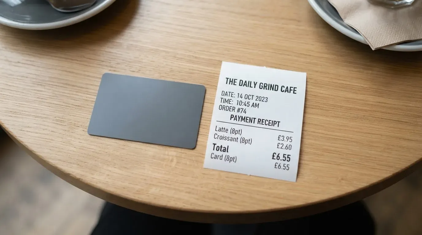 A receipt and a card on a café table
