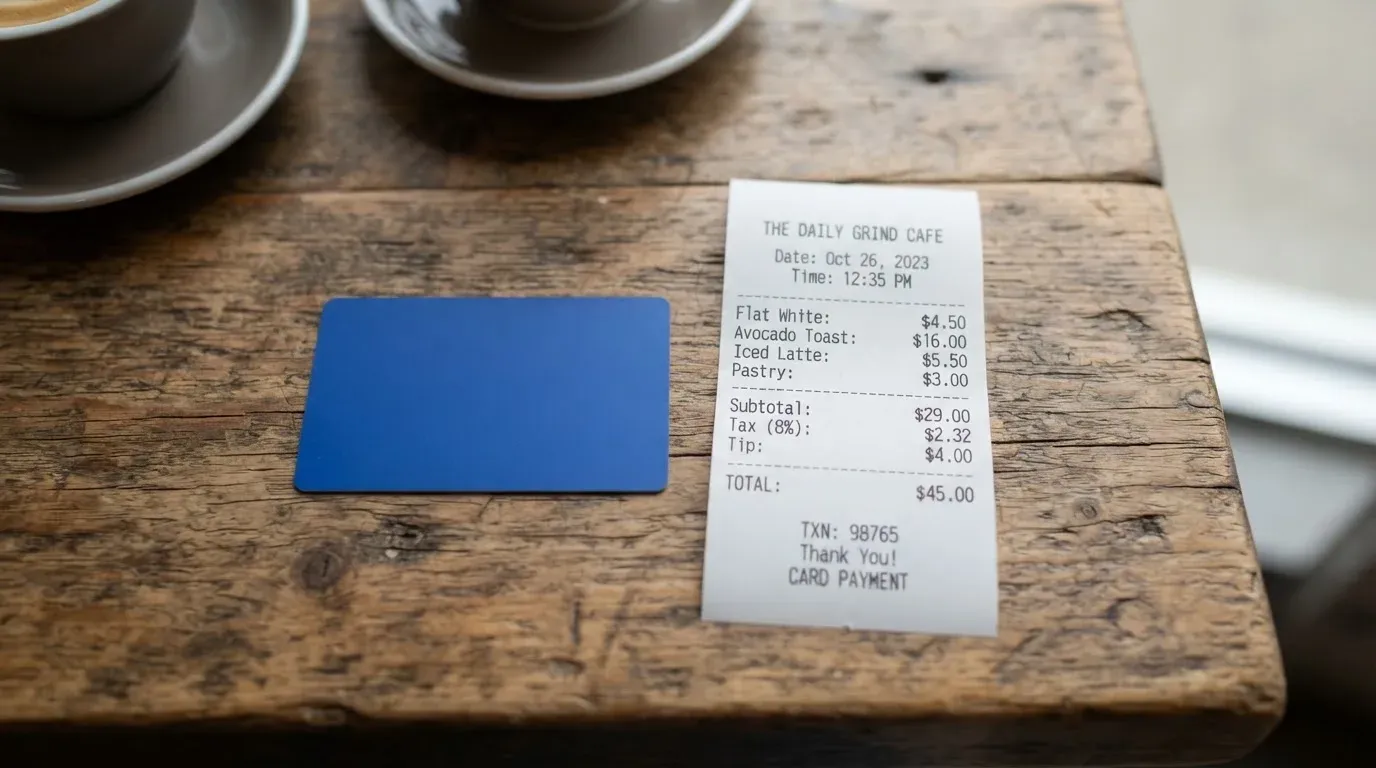 A receipt and a card on a café table
