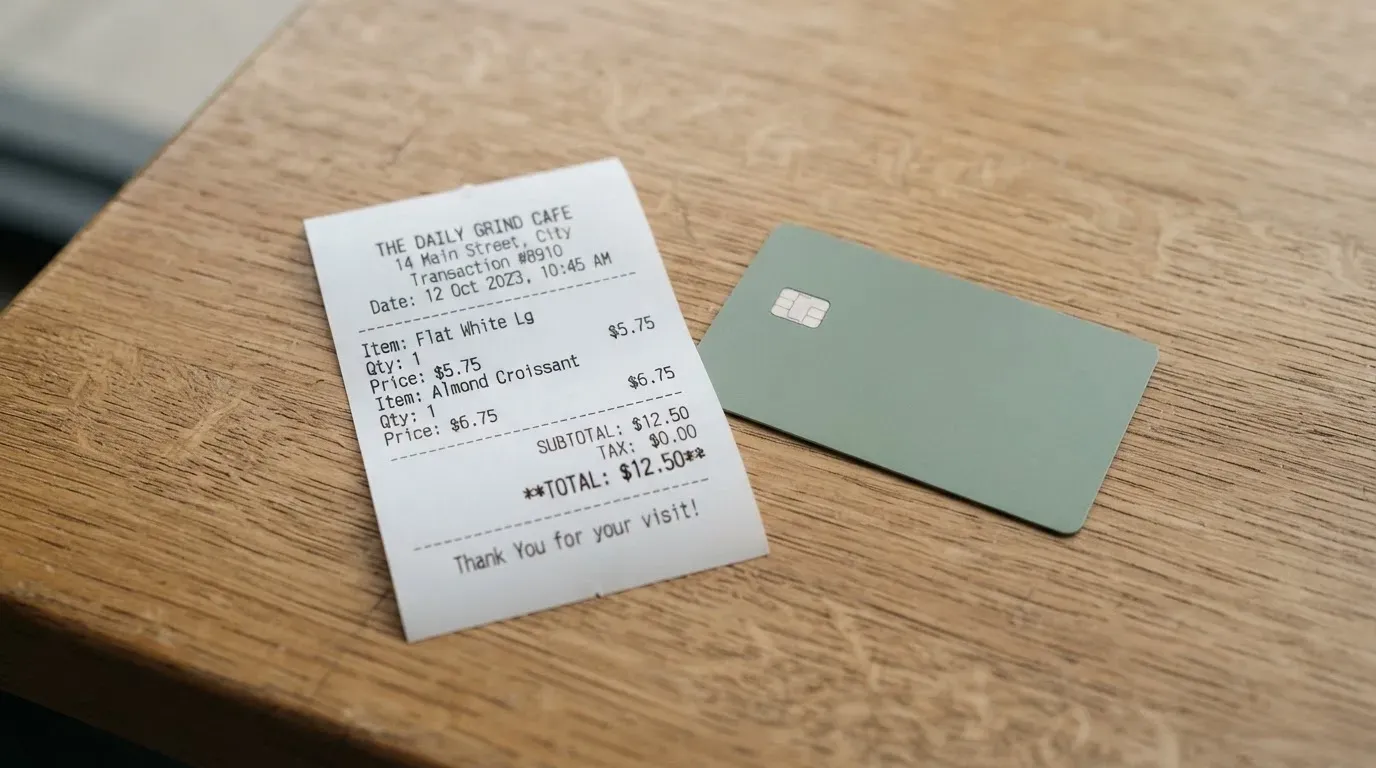 A receipt and a card on a café table