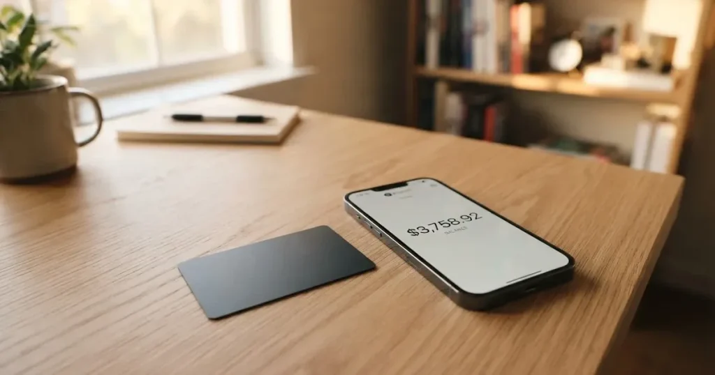 A payment card next to a phone with a crypto wallet app open