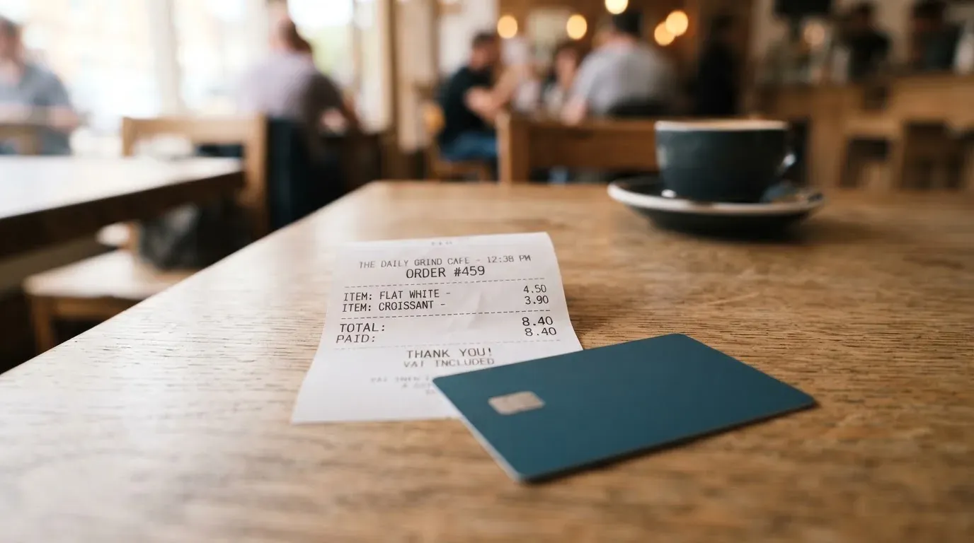 A receipt and a card on a café table