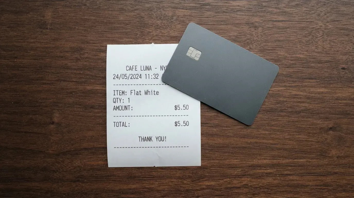 A receipt and a card on a café table