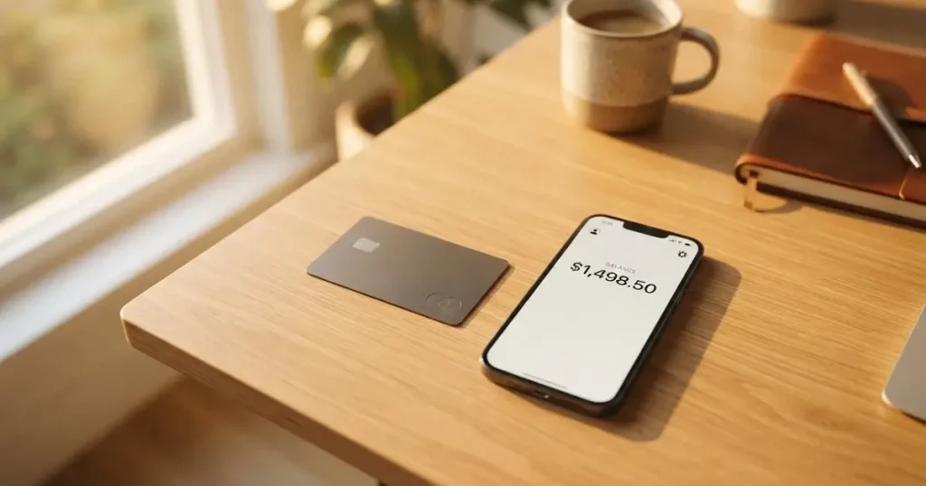A payment card next to a phone with a crypto wallet app open