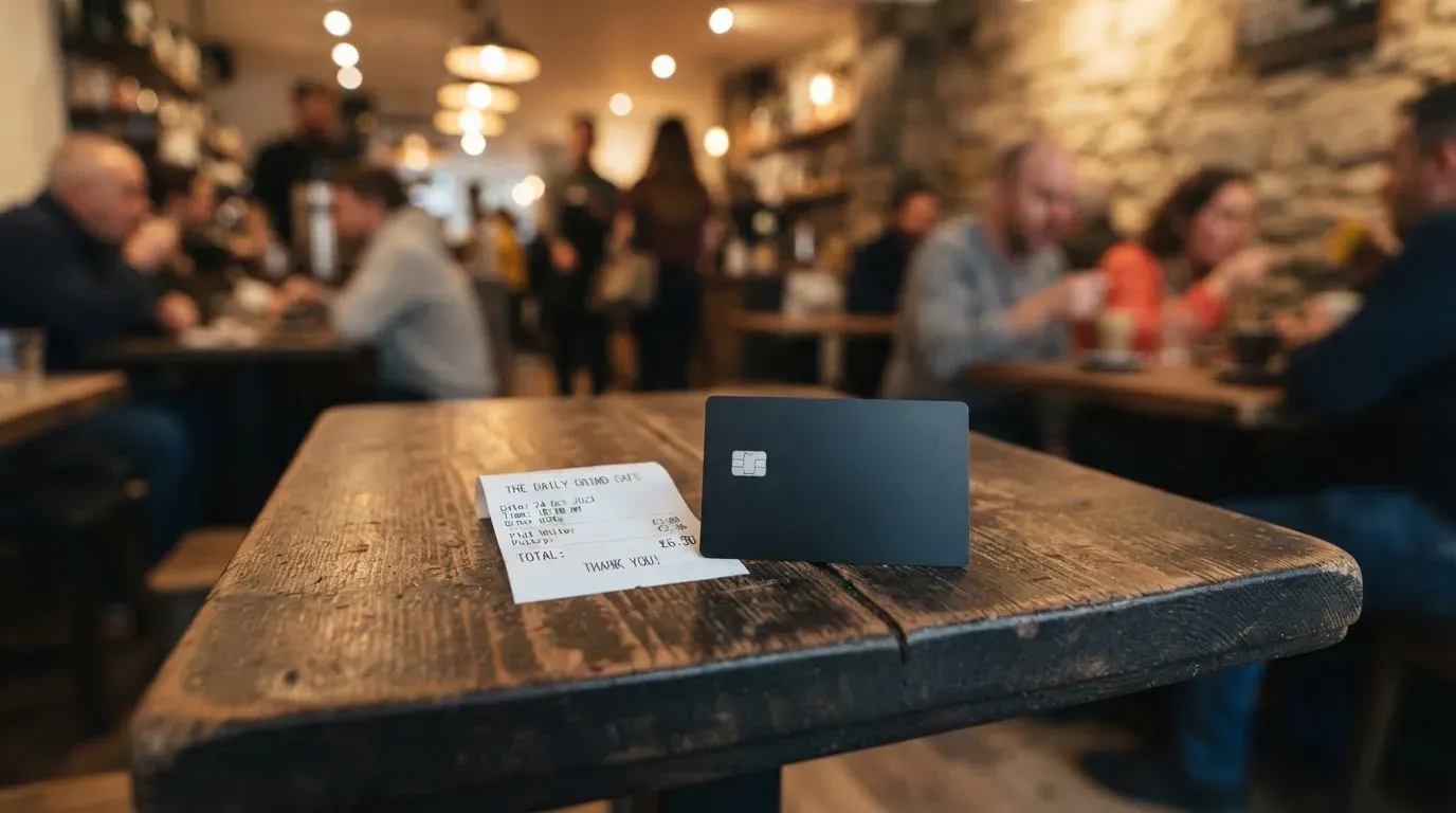 A receipt and a card on a café table