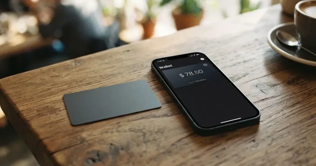 A payment card next to a phone with a crypto wallet app open