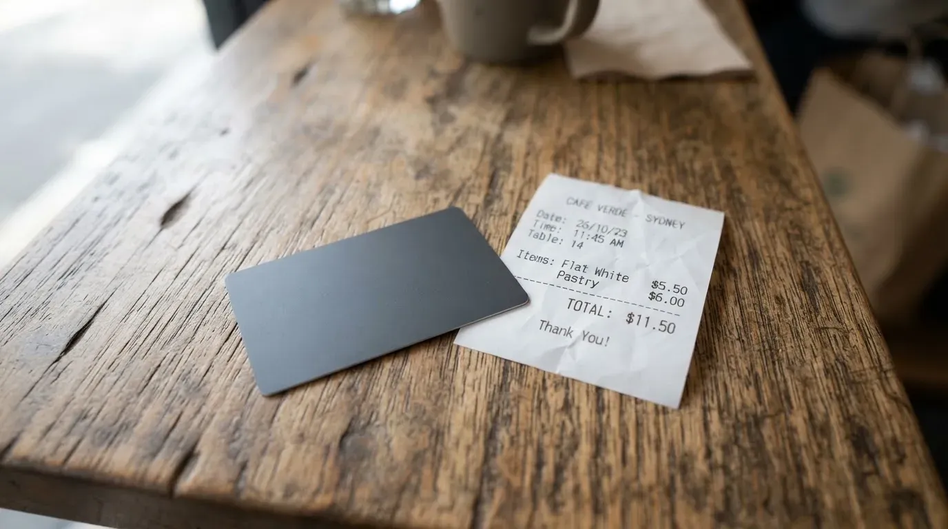A receipt and a card on a café table