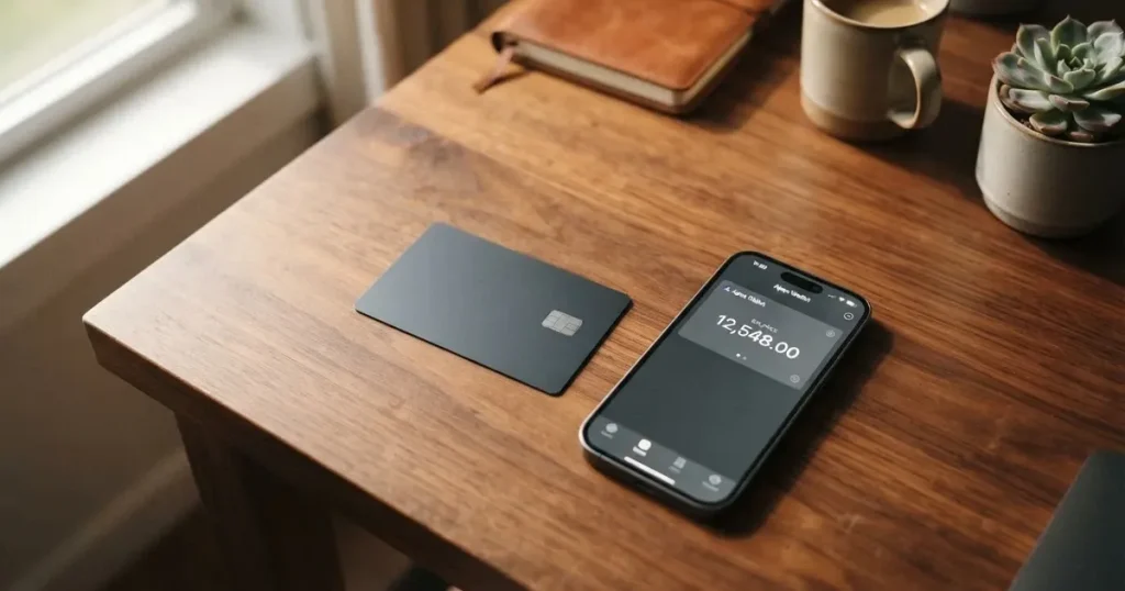 A payment card next to a phone with a crypto wallet app open