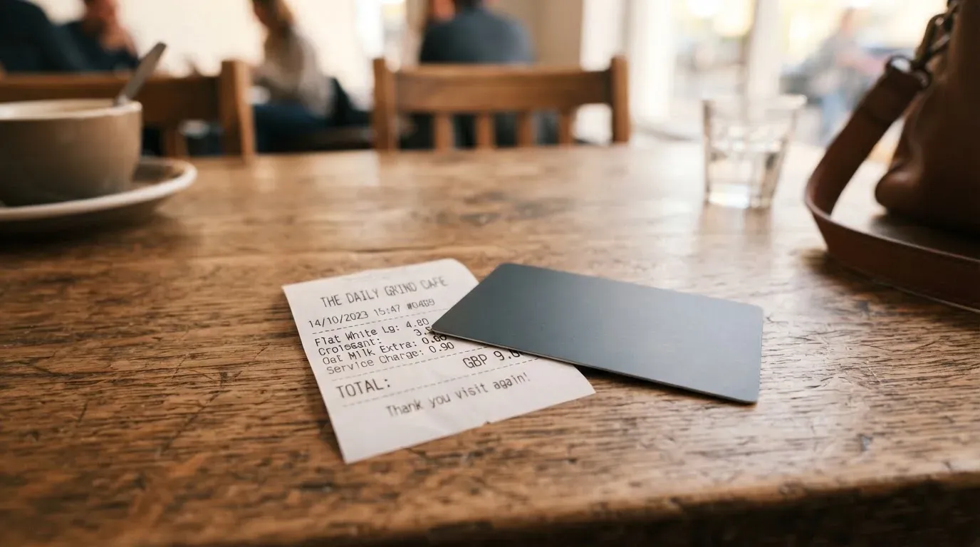 A receipt and a card on a café table