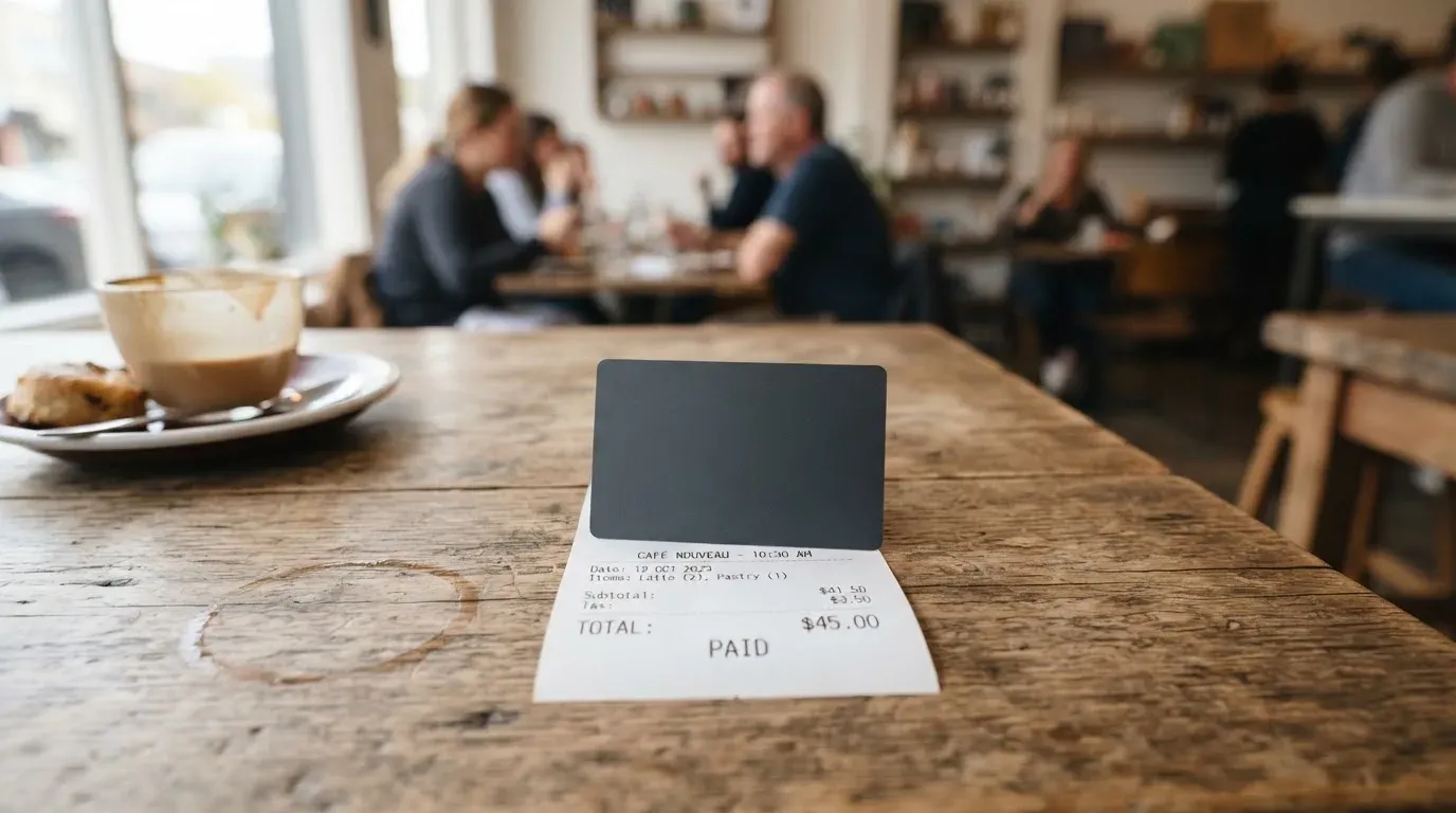A receipt and a card on a café table