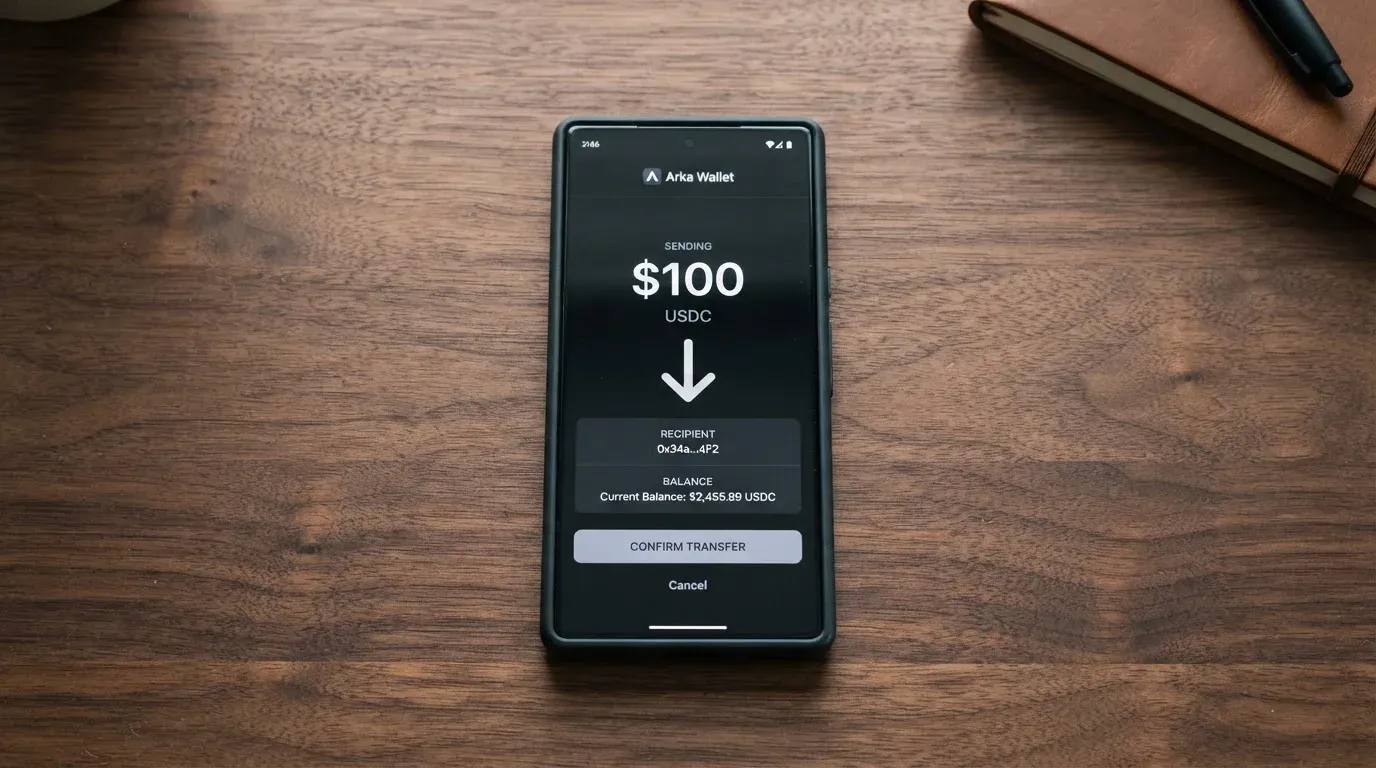 A phone showing a stablecoin transfer screen