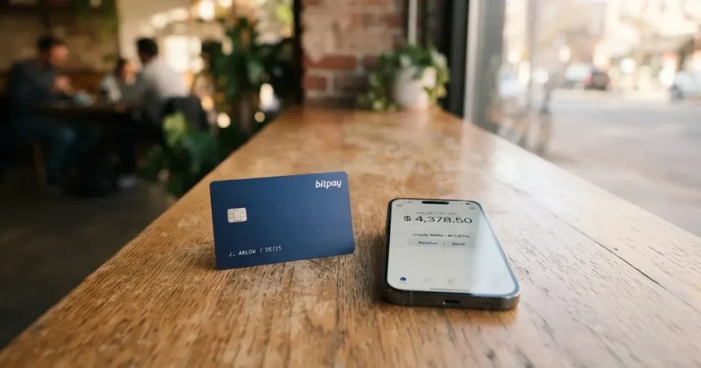 A payment card next to a phone with a crypto wallet app open