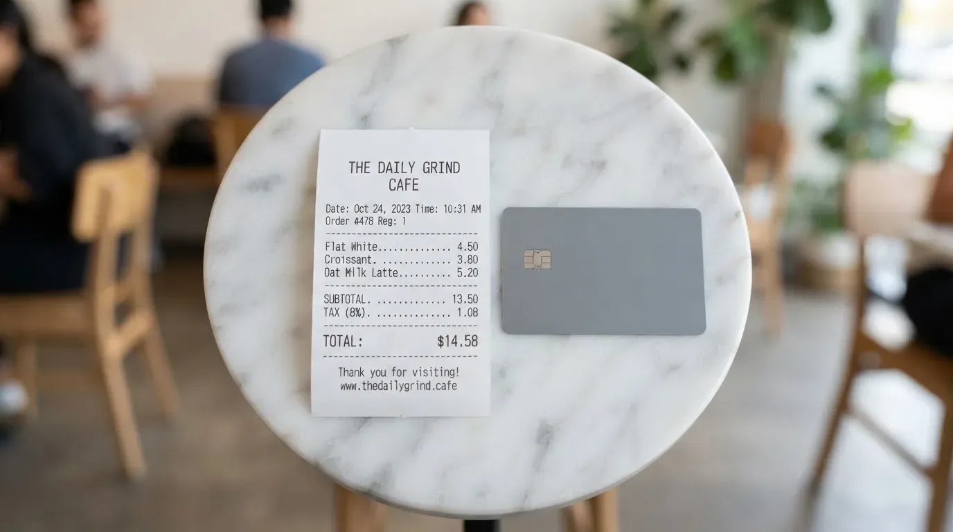 A receipt and a card on a café table