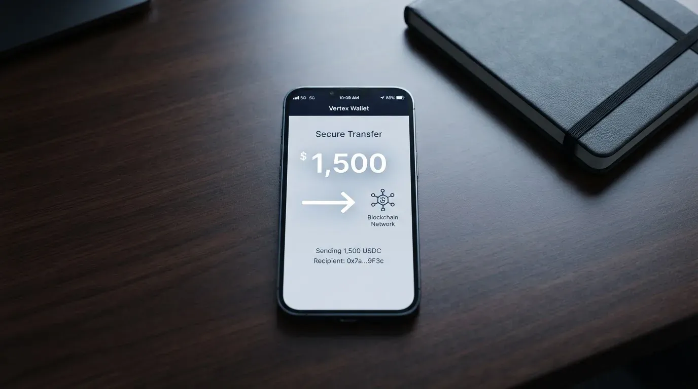 A phone showing a stablecoin transfer screen